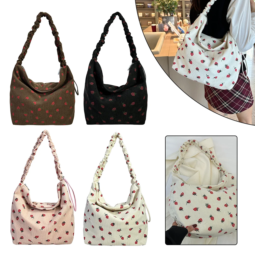 

Women Strawberry Printed Shoulder Bag with Ruched Strap Simple Hobo Sling Bag Corduroy Large Capacity Female Travel Casual Bag