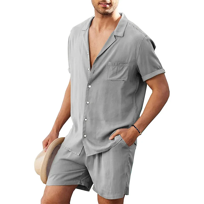 New men\'s linen short sleeved shirt set linen summer loose casual cotton cardigan shirt shorts