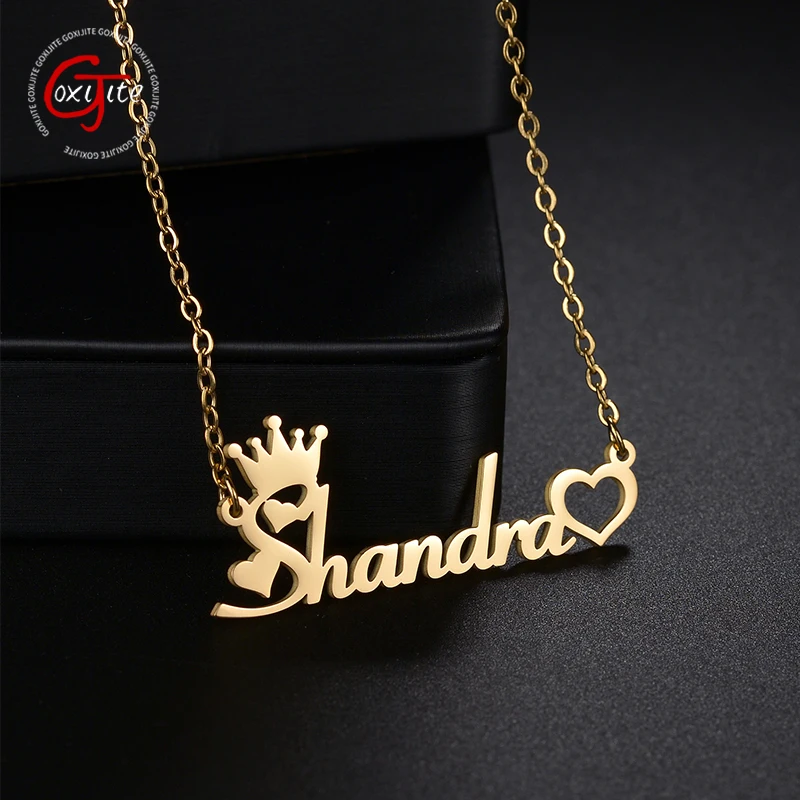 

Goxijite Love Heart Name Necklace Stainless Steel Customized Crown Nameplate Chocker Necklaces Anniversary Gift For Women