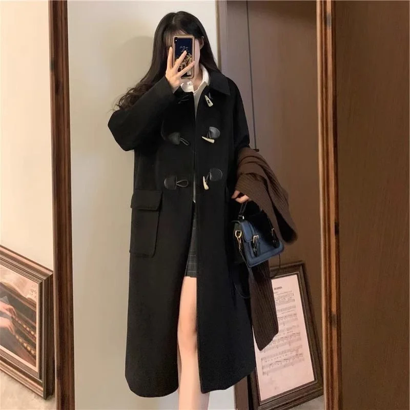 

plus Size Winter Coat Thickened Long Sleeve Woolen Jacket for Women Casual Commute Style Pure Color Lapel Coat Long Length