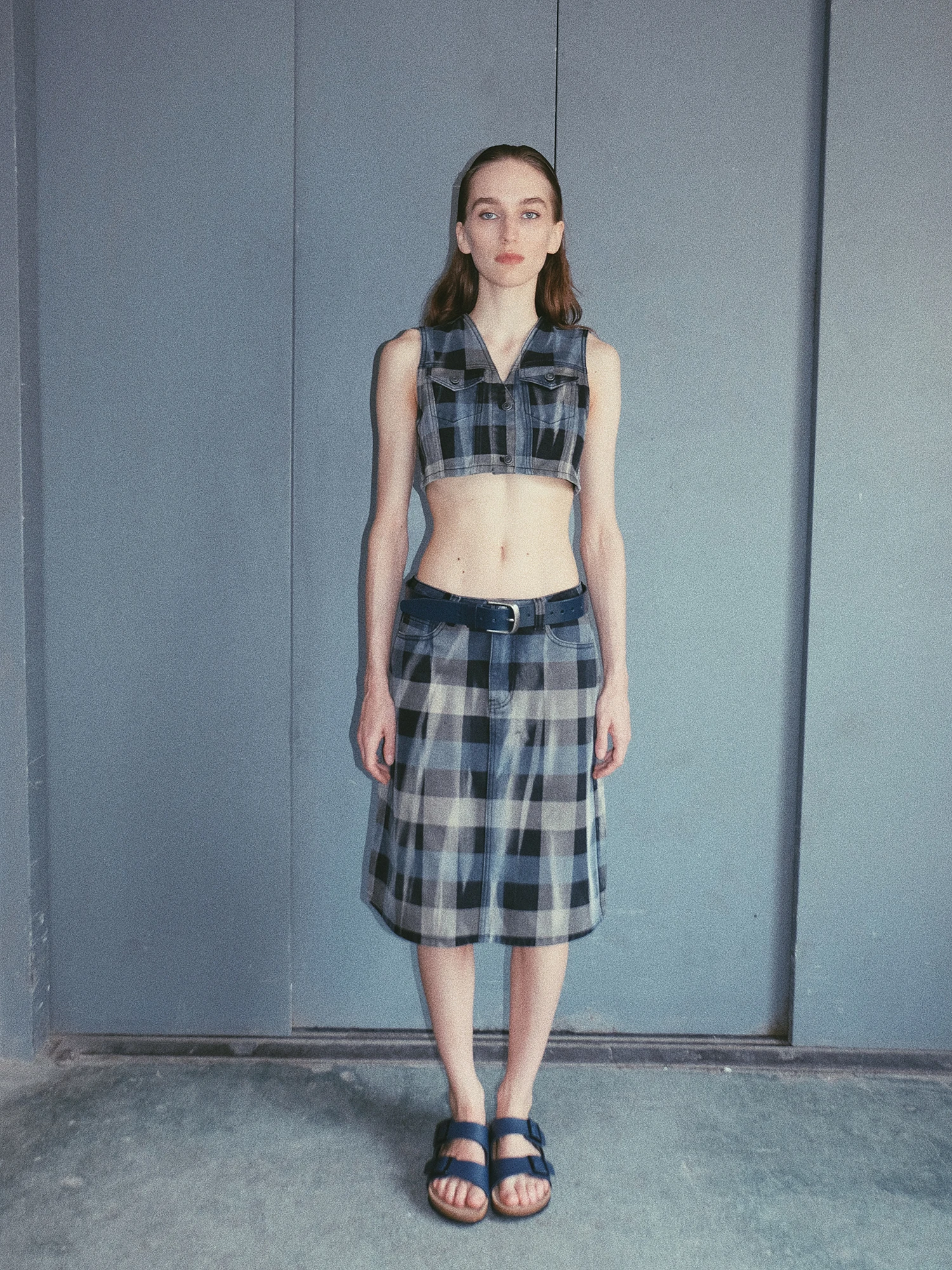 

Original Design Plaid Denim Vest Women's Faion Autumn Collection Ultra-ort Cotton 00% Button-Up Front Vest