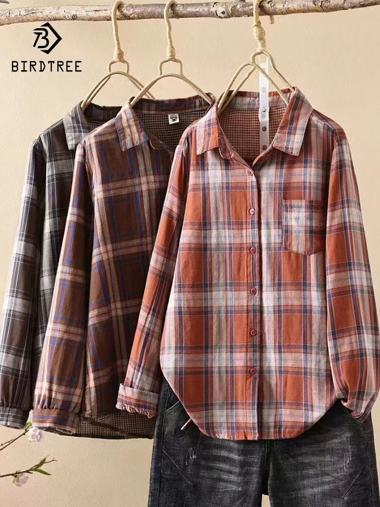 

New 2025 Autumn Cotton Yarn Long Sleeve Shirt, Women Turn-down Collar Plaid, Mori Girl Fashion Casual Soft Loose Blouse T58482CC