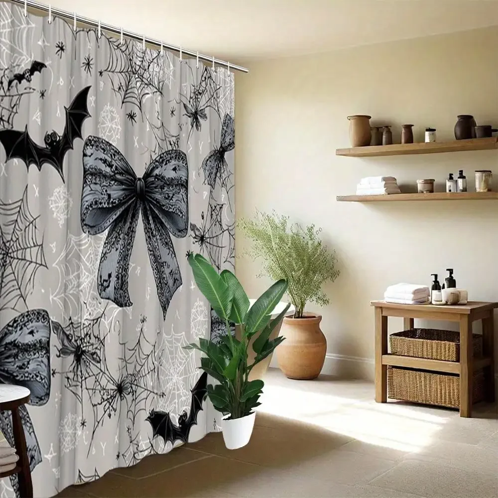 1pc Halloween Themed Shower Curtain Black Bats And Spiders with Lace Bow Vintage Gothic Style Polyester Fabric Bathroom Decor Bathtub Divider Curtain Set 70.8X70.8 Inch with