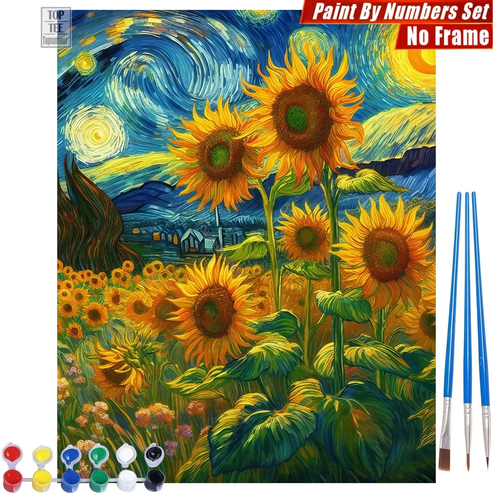 

Sunflower Field Night DIY Paints By Numbers Kit - Swirling Starry Sky Home Bedroom Decor Day Of The Dead Gift For Friend