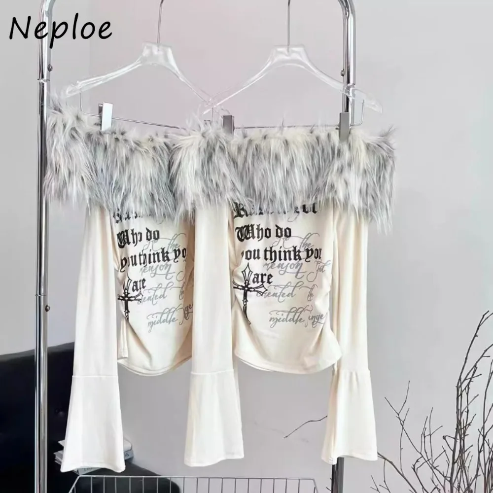 

Neploe Print Simple Korea Slim Commuter Crop Tops Y2K Casual Minority Fairycore Fur Mujer Slash Neck Flare Sleeve Europe Shirt