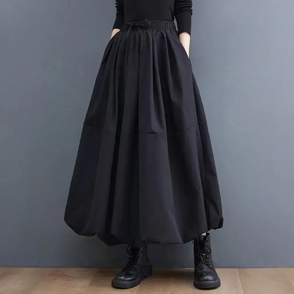 女性マキシスカート Balck 和風ポケットパフスカートレディースカジュアル弾性ウエストレースアップハイウエストプリーツ A ラインスカート