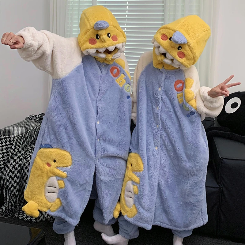 Kawaii Dinosaur Winter Thick Women Nightgown Set Pants Pajamas Hooded Men  Sleepwear Soft Warm Couple Pijama Long Plush Loungewe