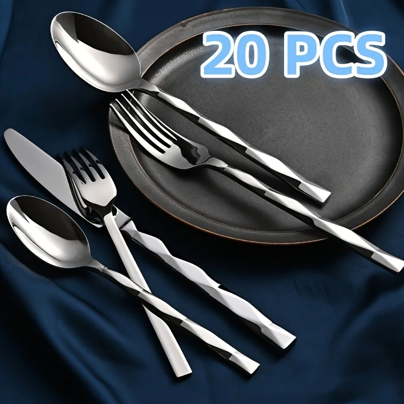 

[Luxury Stainless Steel Flatware] 20 Luxury Stainless Steel Flatware Set- Diamond Cut Pattern, Mirror Polished Cutlery for 4- El