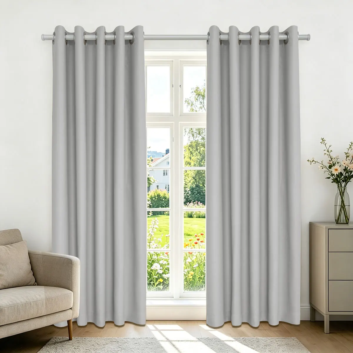 Light Gray Solid High‑Density Blackout Curtain, Grommet Top, Privacy Window Curtain for Bedroom Living Room, 2 Panels