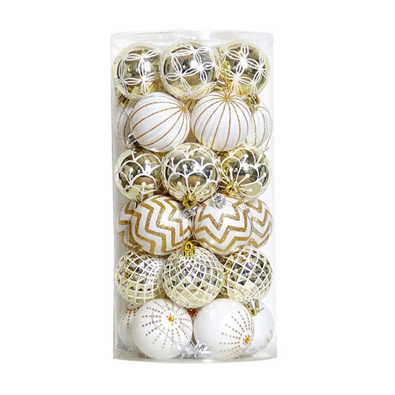 30PCS Christmas Balls ,60MM Gold&White Painted Shatterproof Festive Wedding Hanging Ornaments Christmas Trees Decoration