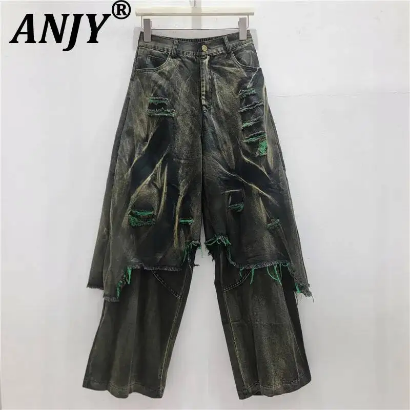 ANJY Spring Autumn New Women American Style High Street Fake Two-piece Distressed Denim Pants Hip Hop Ripped Design Jeans A25213