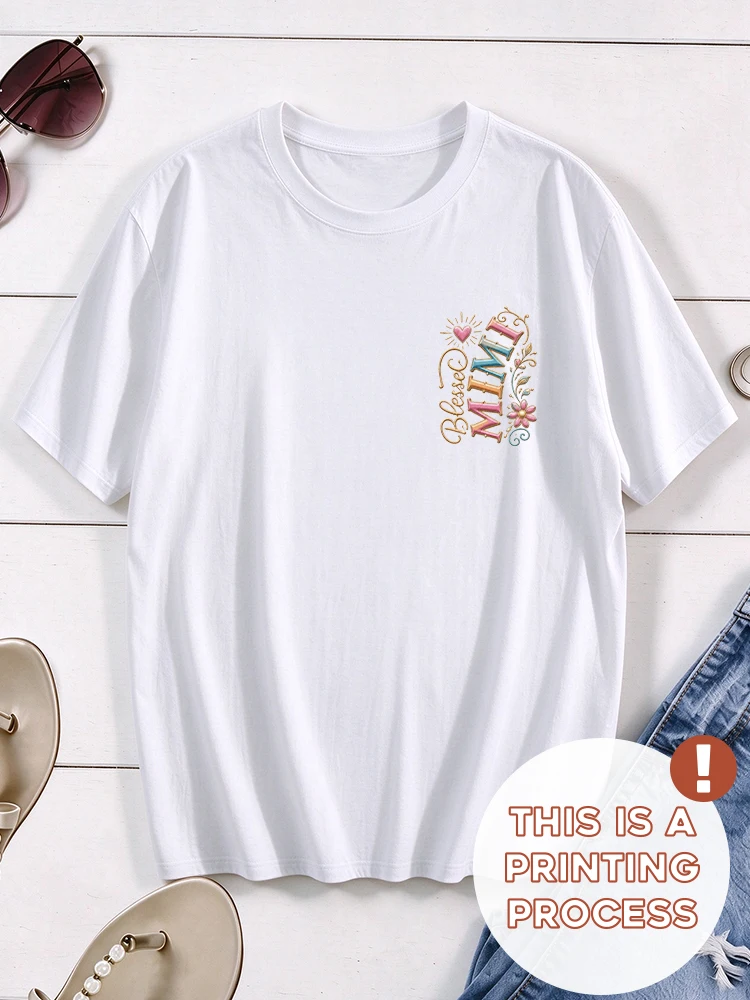 Blessed Mimi Floral Heart Sun Double Sided Graphic T Shirt For Women Fashion Loose Faux Embroidery Creative Print Short Sleeve Crew Neck Casual Tee Gift Ready