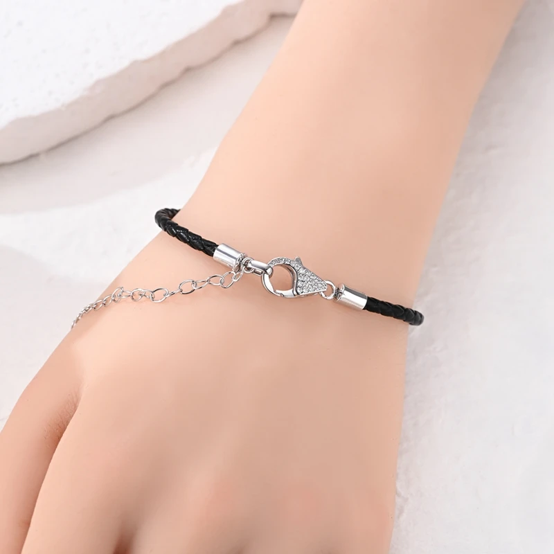 Neues Armband aus 925er Sterlingsilber mit schwarzem Lederband, Karabinerverschluss, schlichtes Kettenarmband-Design für Damen, Party-Schmuck – Detail 5