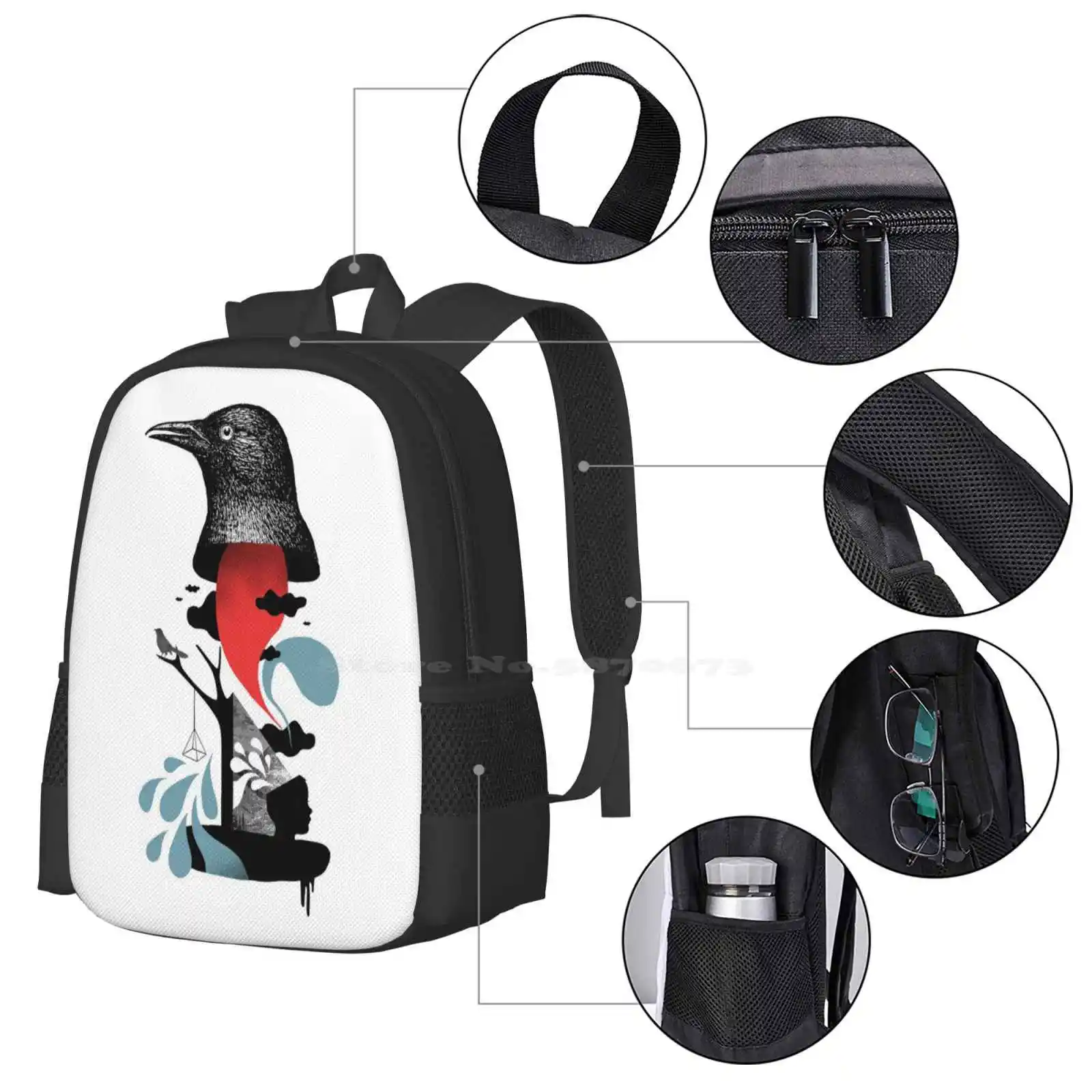 حقيبة مدرسية لغسل الدماغ ذات سعة كبيرة على ظهره للكمبيوتر المحمول غسول الدماغ سريالي مجردة الغراب اللوالب الدوامات غريبة غريبة ملتوي الغيوم #4