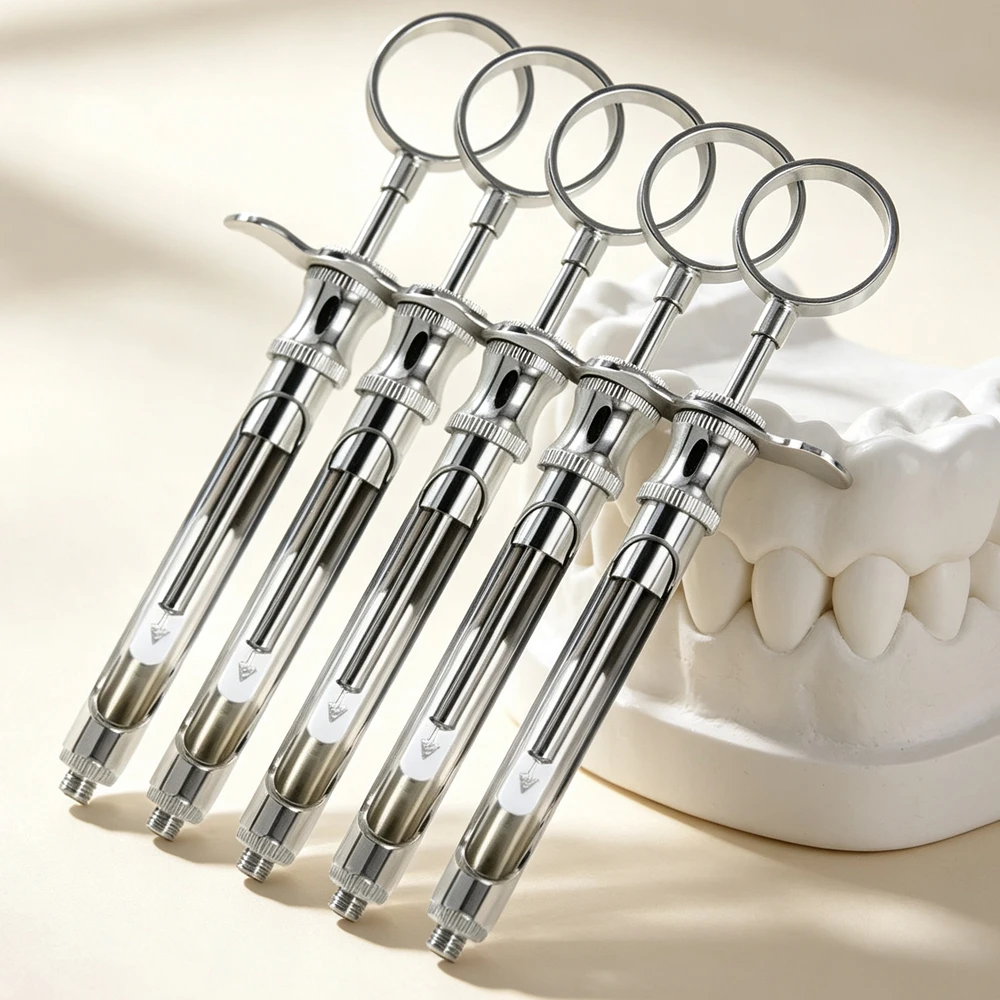 5 Pcs Dental Luer Lock Aspirating Syringe Stainless Steel Set for Oral Surgery and Precise Local Anesthesia Administration