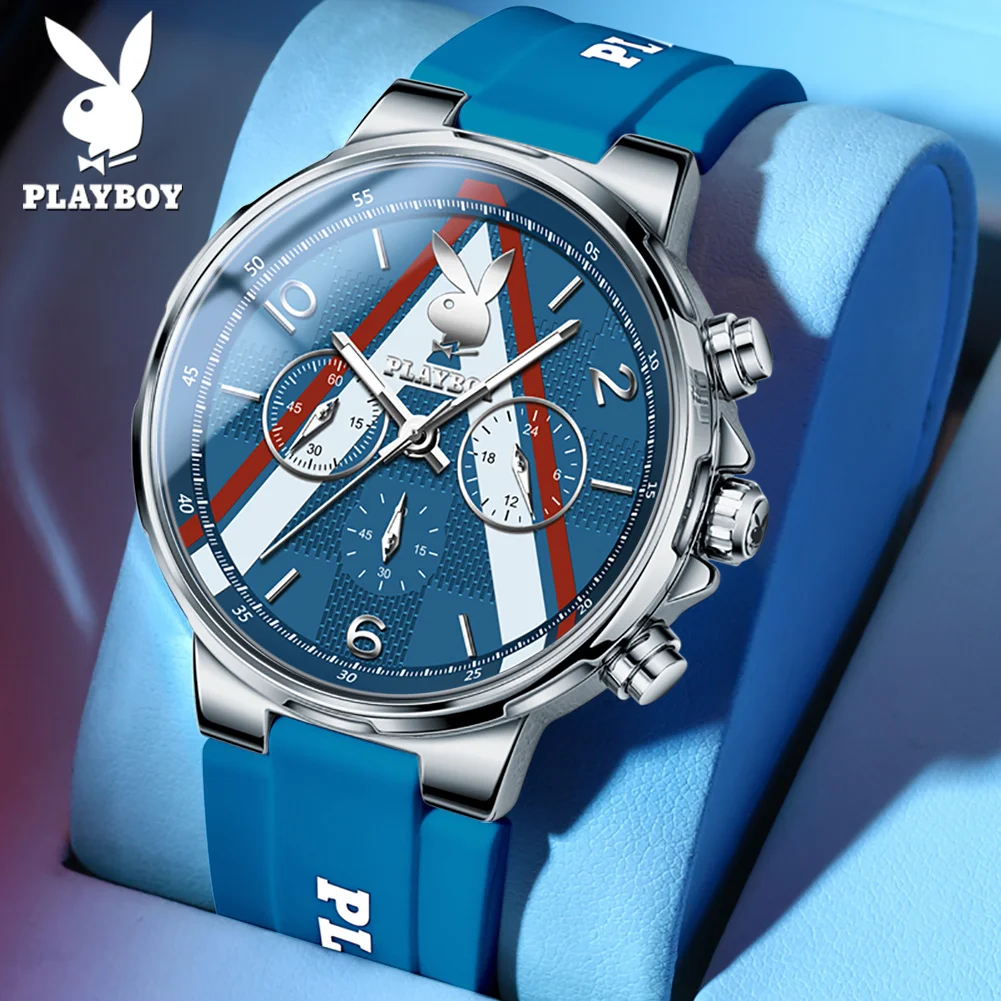 PLAYBOY 42MM Sports Men Watches Waterproof Luminous Timing Quartz Watch Silicone Strap Luxury Multifunctional Mens Clock 3046