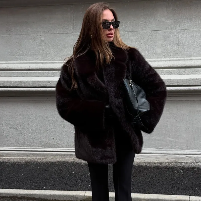 معطف فرو بني من Tuularose للنساء موضة شتاء دافئة كبيرة الحجم بياقة معطف فرو فاخر منفوش قطيفة مرقع ملابس خارجية نسائية #1