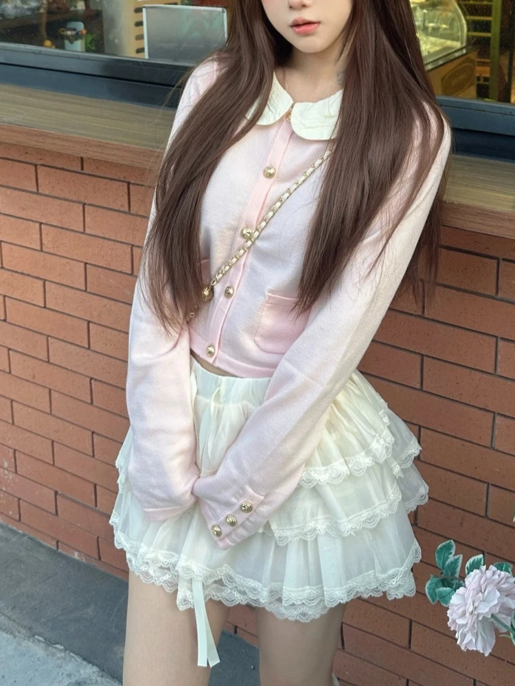 Pink Kawaii Doll Collar Design Knitted Cardigan Autumn Solid Elegant Party Fairy Top Harajuku Fashion Short Sweaters 2025 Winter