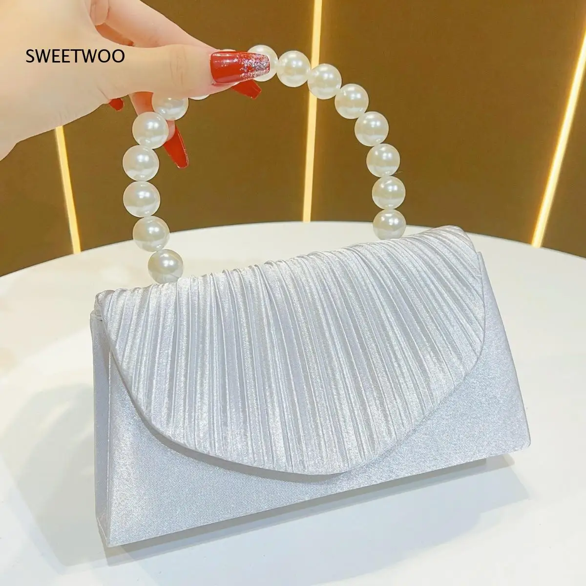 2026 Pleated Satin Fabric Evening Clutch Bag Round Pearl Hand Strap Solid Beige Black Silver Wedding Dating Small Shoulder Purse view 6