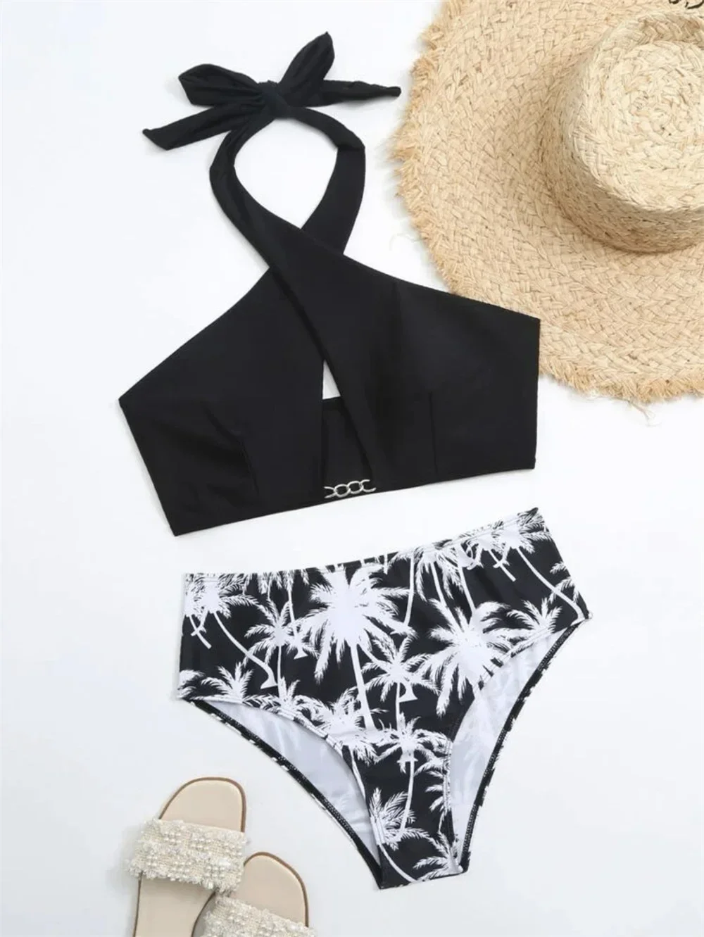 

Sexy Bandage Bikini High Waist Tree Swimsuit Push Up Hollow Out Halter Chains Vacation Swimwear Women 2 Piece Beach Bathing Suit