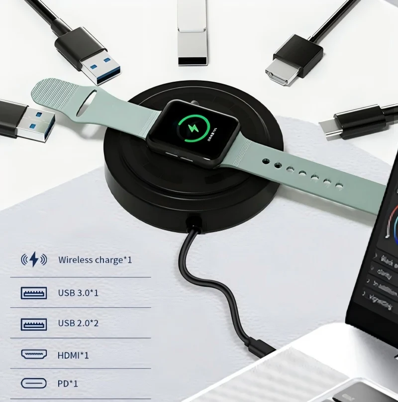FC&EC 6-in-1 Docking Station USB-C Hub with 15W Wireless Charger Typce-C Adapter USB 3.0 HDMI 4K PD 100W for Notebook Tablet Pho