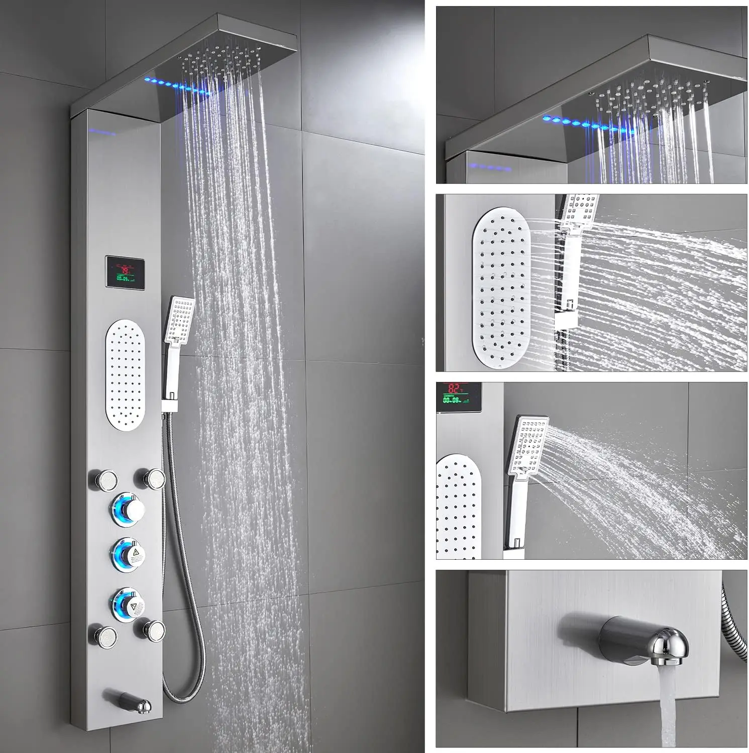 ZAPPO Shower Panel Tower System with LED Rainfall Waterfall Head Body Jets Digital Display Handheld Shower Column w/Tub Spout