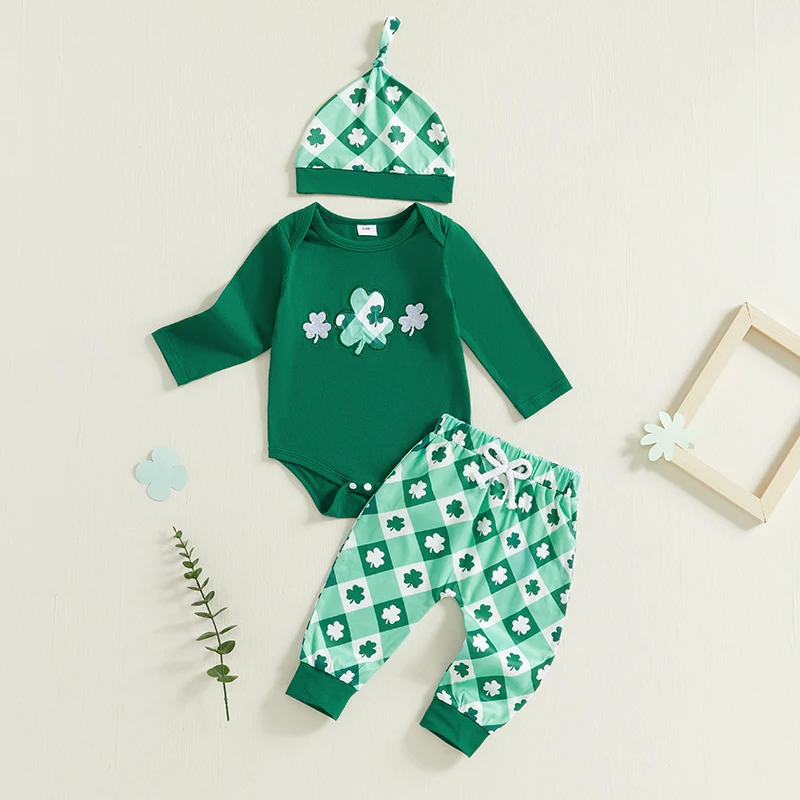 

St Patrick s Day Baby Boys Shamrock Embroidery Bodysuit Pants Hat 3-Piece Outfit Set Ireland Clover Costume