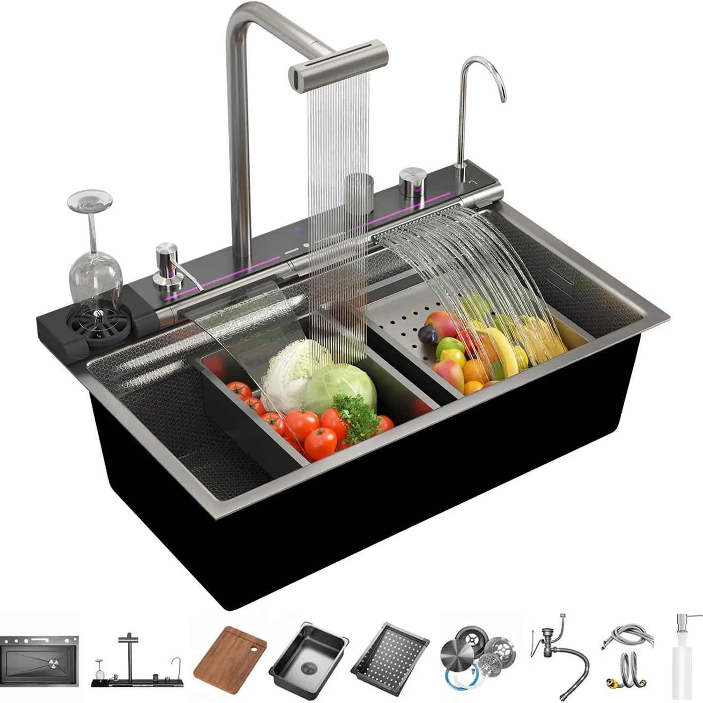 Cross-border 304 Whale Kitchen Stainless Steel Sink Vegetable Basin Waterfall Flying Rain LED Digital Display