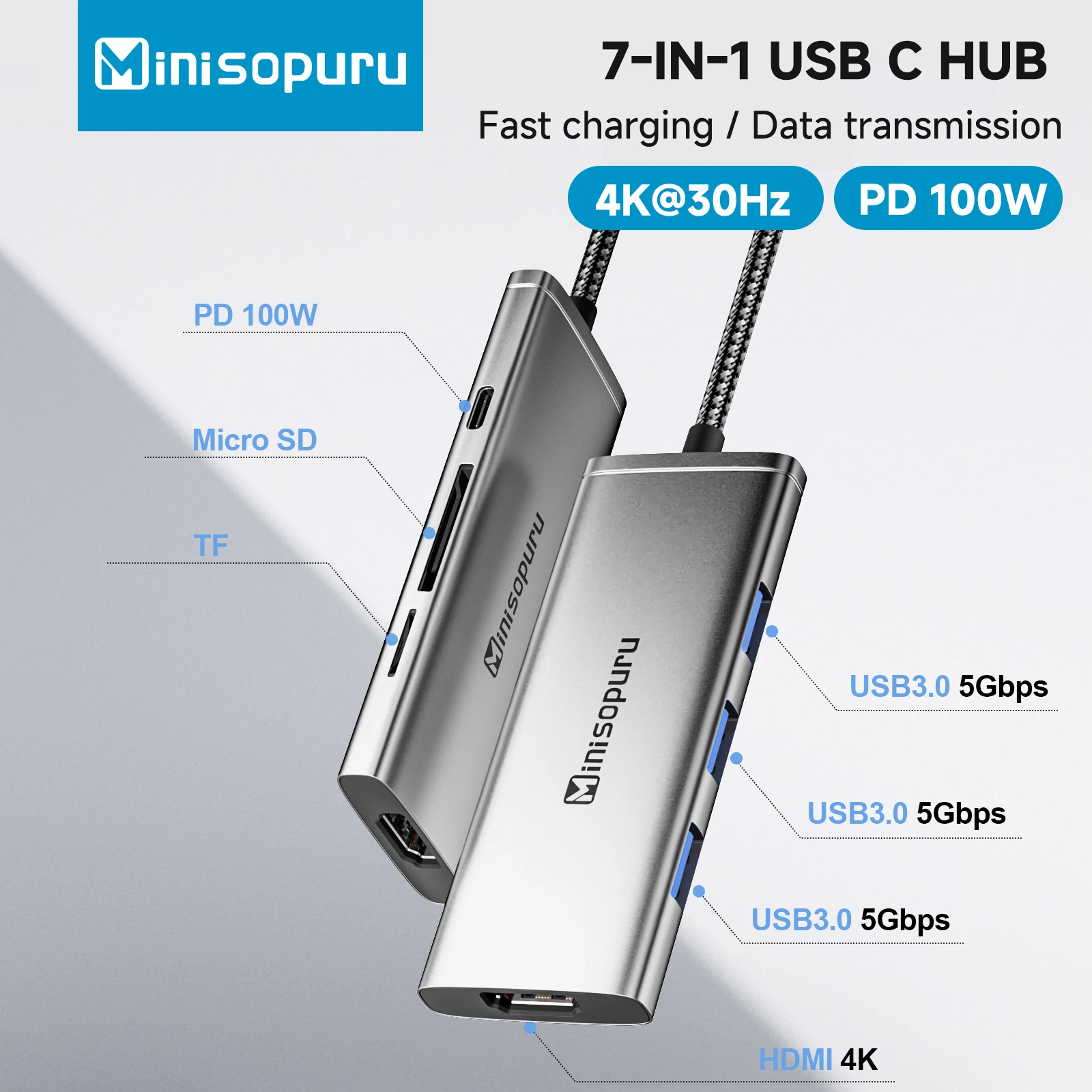 

Minisopuru USB C Hub with 4K HDMI PD 100W SD/TF USB Type-C Multiport Adapter for MacBook Pro Laptop Tablet Surface USB 3.0 Hubs