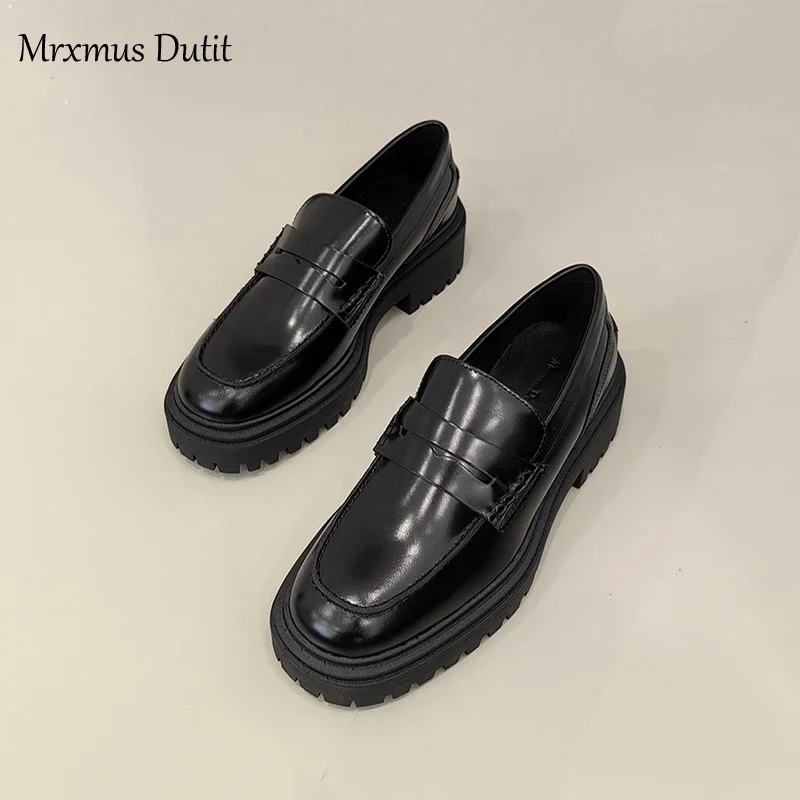 Mrxmus Dutit 2024 New Women Genuine Leather Round Head Thick Loafer Shallow Black Wild Casual Simple Slip-on Shoes Female Chic