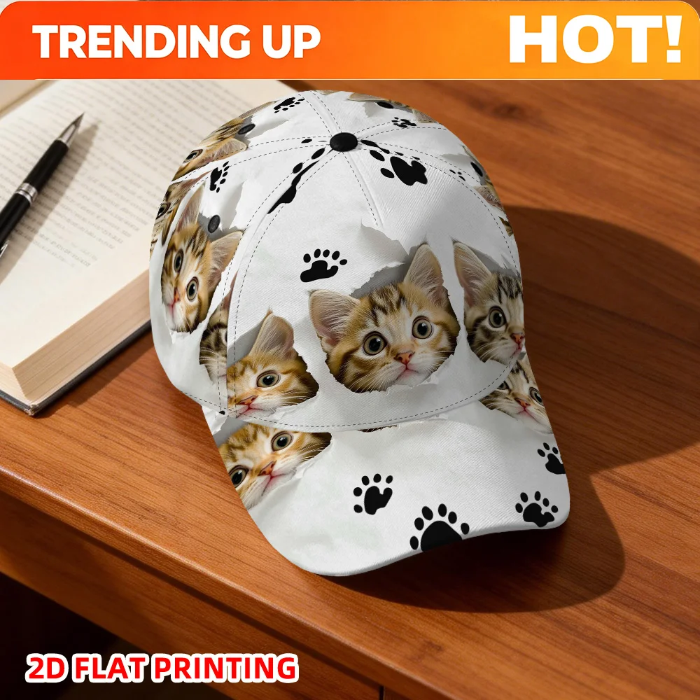 Customization 2D Flat Print, 1pc Of Adorable Cats With Paw Prints On A Classic Baseball Cap - A Fashionable Adjustable Duckbill