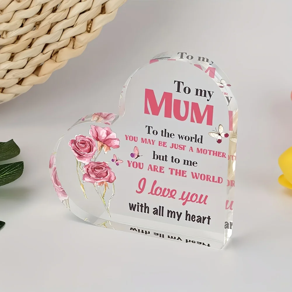 2D， Heart shaped acrylic desktop decoration - pink rose and purple butterfly design, Mother's Day, birthday, Thanksgiving gifts