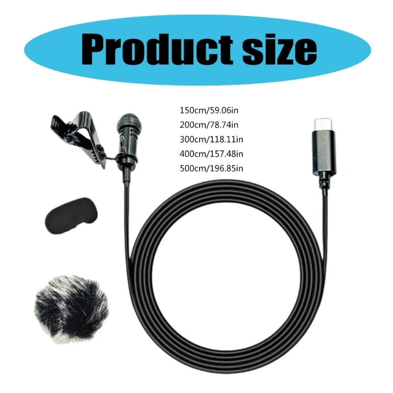 Microfone lapela lapela M17B ZJ030MR USB C, microfone condensador omnidirecional com clipe 20 Hz-16 KHz muffs opcionais