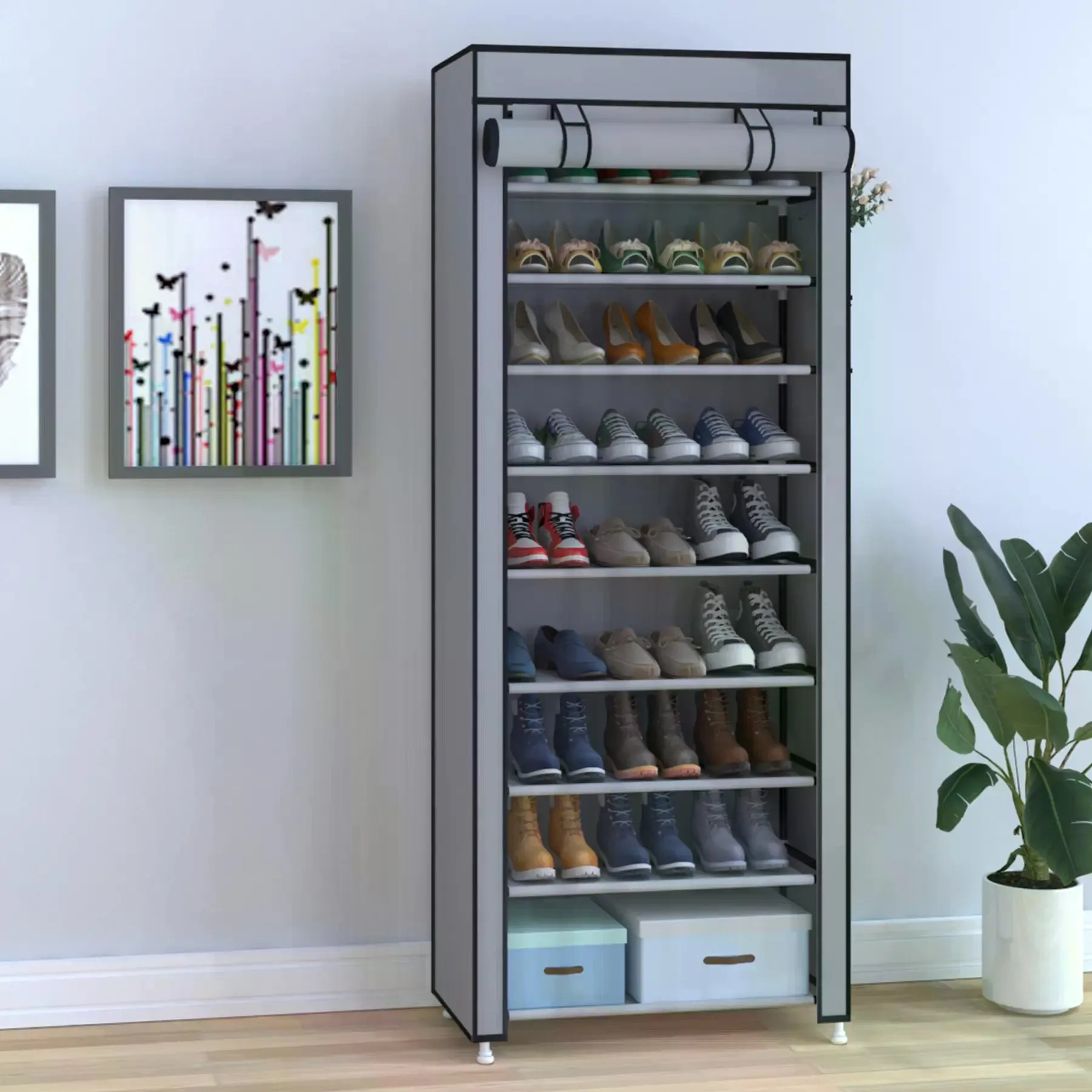 10 Tier Shoe Rack 9 Grids with Dustproof Cover,Adjustable Standing Shelf, High Storage  Rack#Summerwins