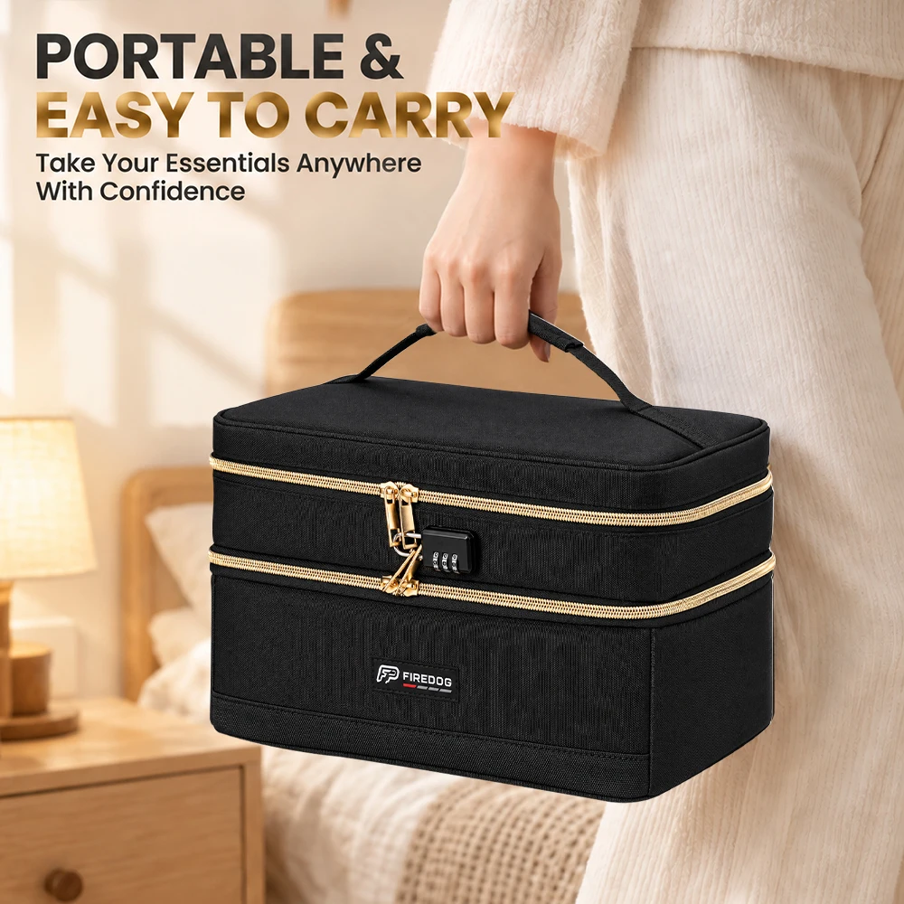 FIREDOG Large Capacity Double-Layer Makeup Bag with Combination Lock, Portable Travel Cosmetic Organizer Case