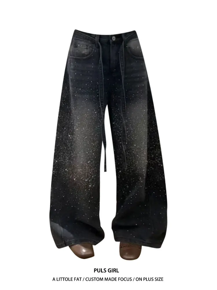 

Женские джинсы в стиле ретро, американского кроя, больших размеров, с завязками, выцветшие, с эффектом потертости, с крупными стразами, свободные, широкие, длинные брюки