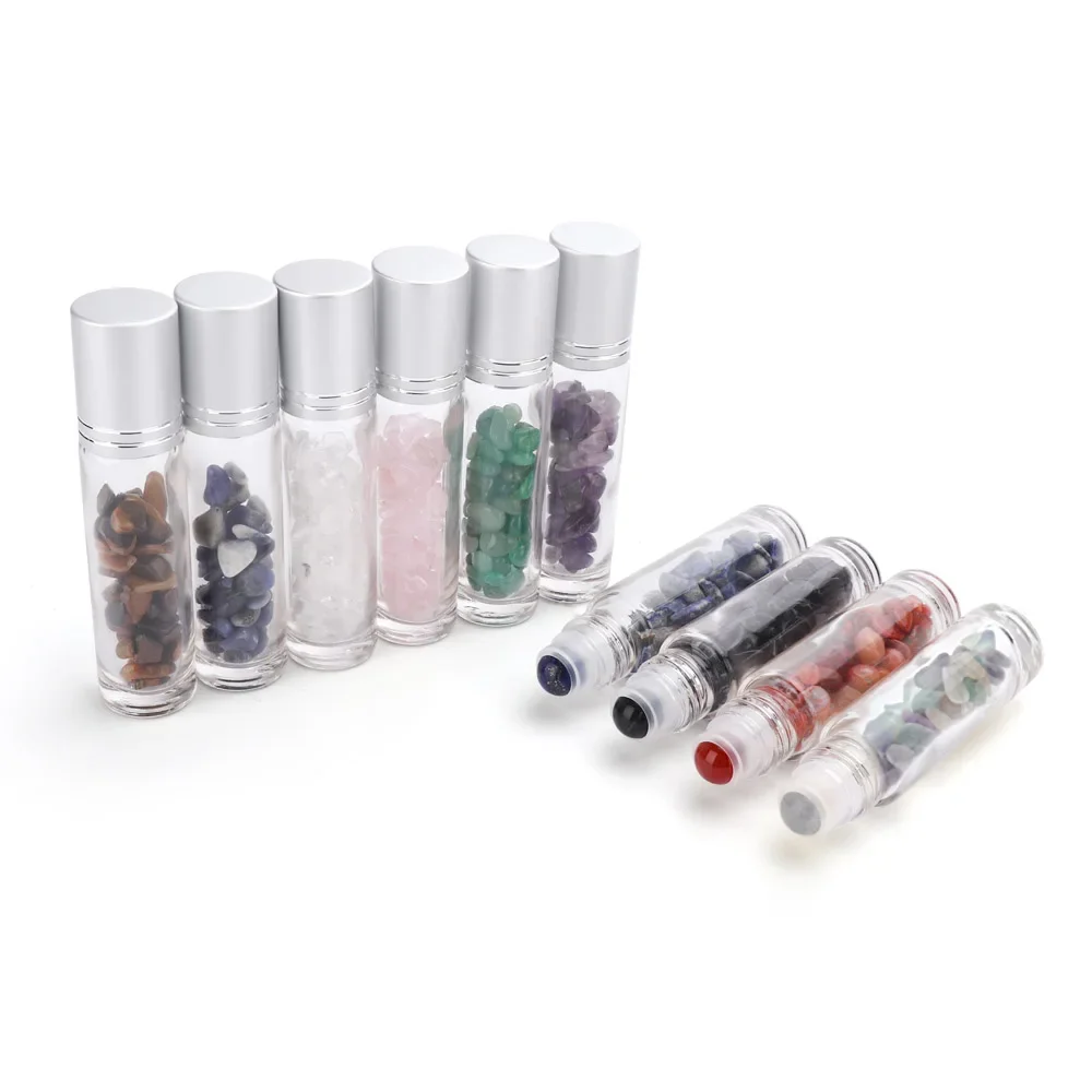 1PC 10ml Roll On Bottle Essential Oil Natural Jade Roller Bottles with Crystal Chip Glass Travel Refillable Bottle Containers