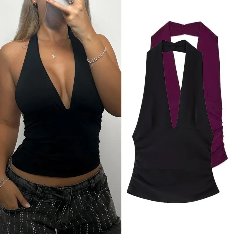 

Halter Top Women Off Shoulder Deep V-Neck Crop Top y2k Sexy Backless Tank Top Street Style Casual Women's Summer Tops 2025