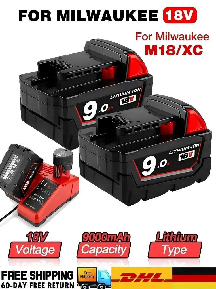 

For Milwaukee M18 18V Replacement For Milwaukee M18B5 XC 6000mAH/9000mAH Li-ion battery 48-11-1815 48-11-1850 2604-22 2604-20