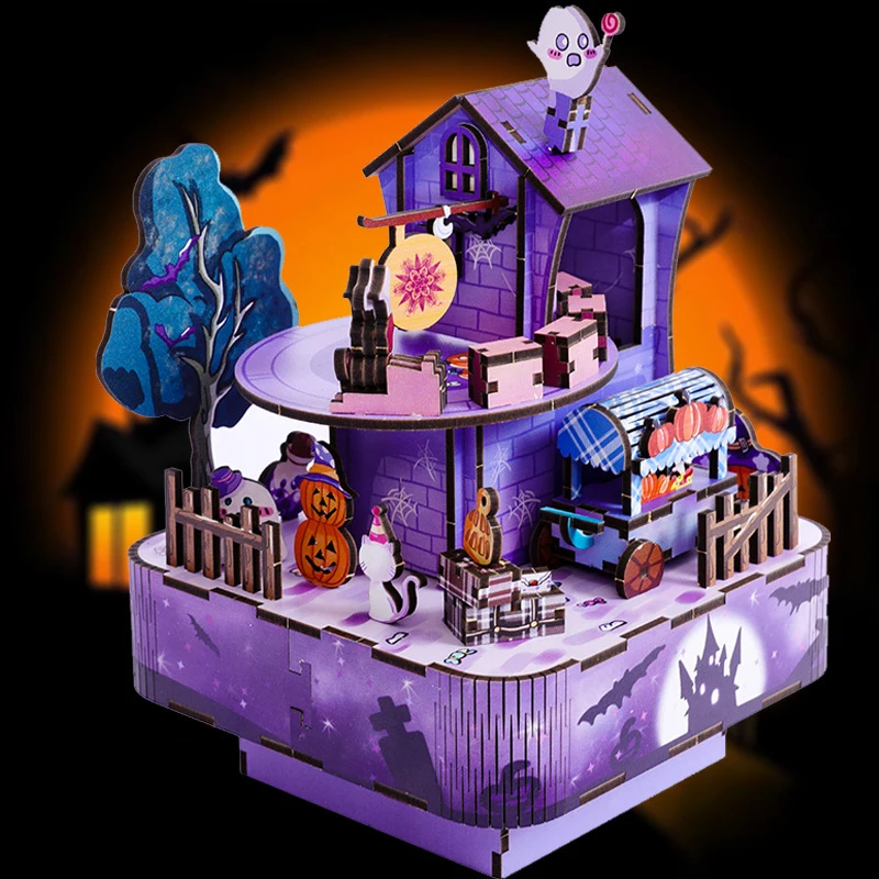 DIY Music Box Wooden Model Building Kits Ghost Train Assembled 3D Jigsaw Puzzles Can Move for Friends Halloween Gifts Home Decor