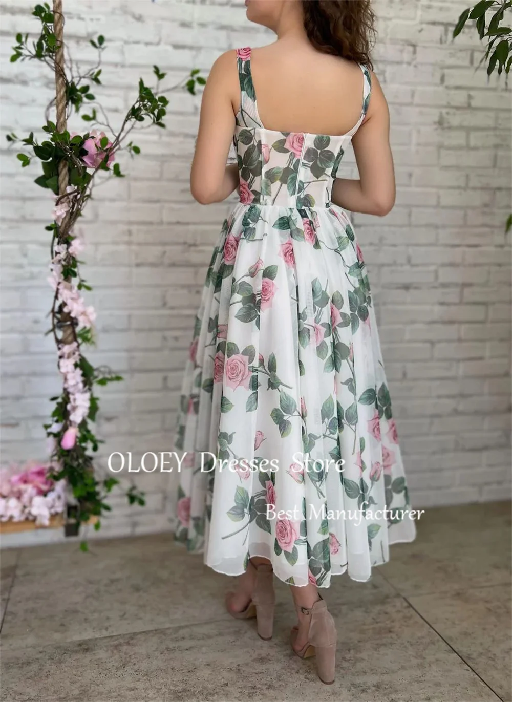 OLOEY Modern Style Floral Prom Dress Square Collar Tea-length Cap Strap Draped Evening Dress Summer Dress Wedding Party Dress