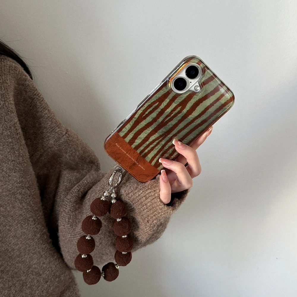 Spiral patterned irregular brown striped phone case with fur Plush chain for iPhone 11 12 13 14 15 16 pro max