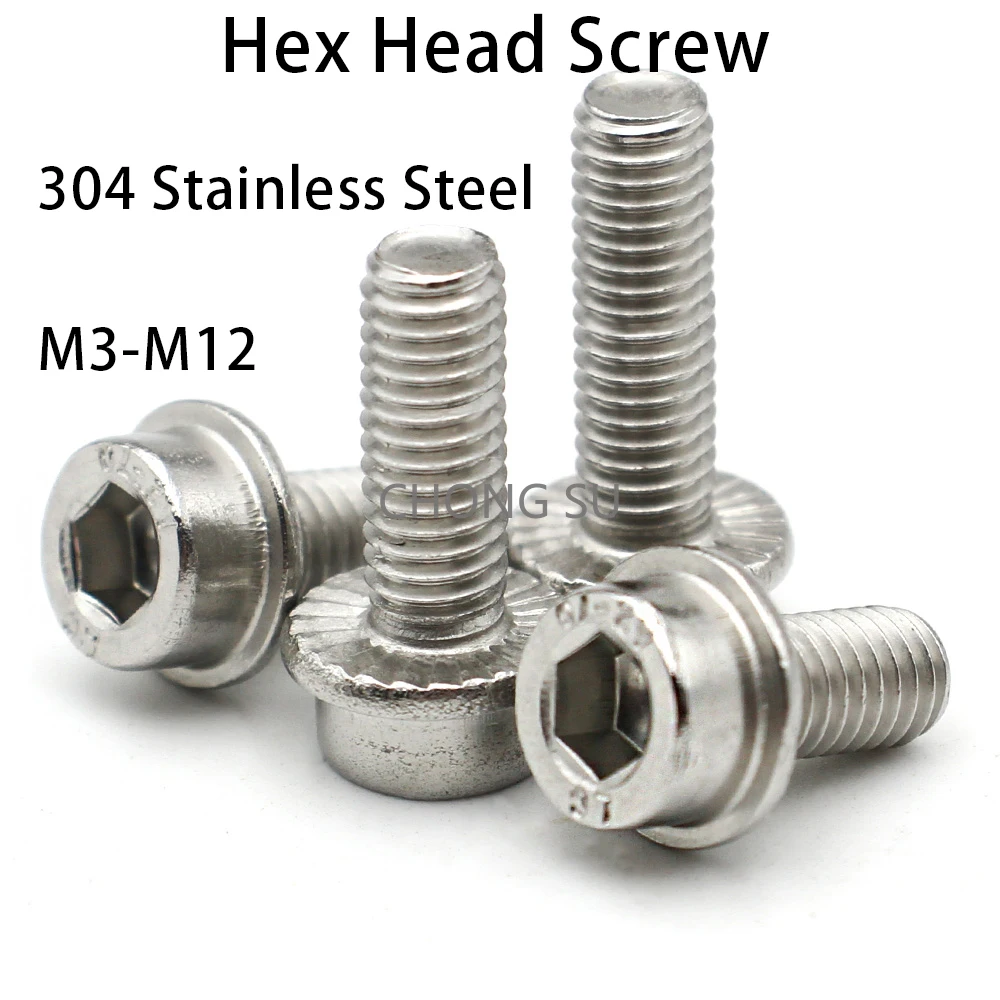 

M3 M4 M5 M6 M8 M10 M12 304 Stainless Steel A2-70 Flange Hex Socket Cap Screws with Anti-Slip Washer Serrated Cylindrical Head