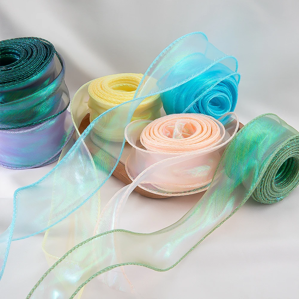 1/5/9Meters 40mm Fishtail Organza Ribbon Reflective Iridescent Wavy Edge Ribbon for Gift Wrapping DIY Bow Bouquet Voile Ribbons
