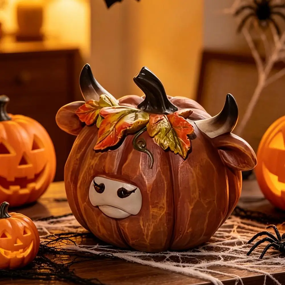 Window Sill Fall Ornament Highland Cow Figurines Hand-painted Resin Pumpkin Statues Autumn Harvest Thanksgiving for Farmhouse