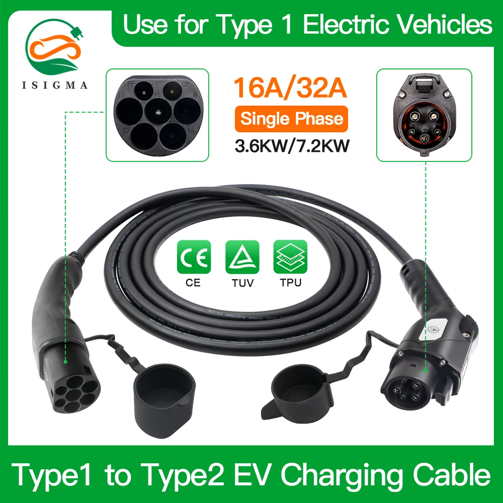 ISIGMA EV Charging Cable Type 1 to Type 2 J1172 to IEC62196-2 16A 3.6kw 32A 7.kw 240V for Ellectric Vehicles Charging