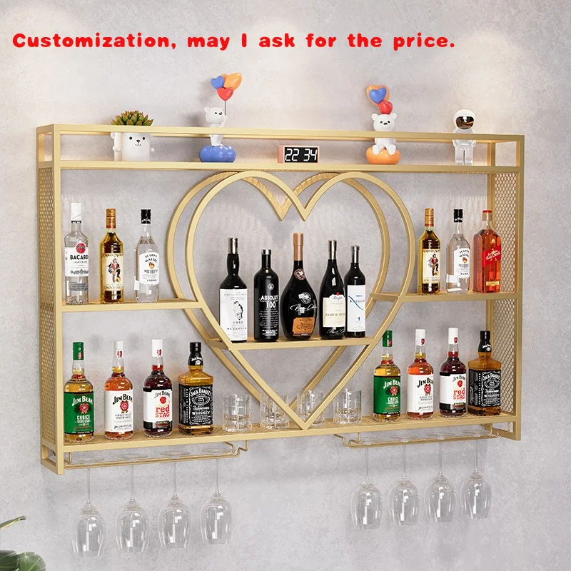 

Стеллаж для выставки товаров красного вина на заказ, деревянный железный настенный винный шкаф для хранения, элегантный бар, дизайн в форме сердца, декор для гостиной, столовой