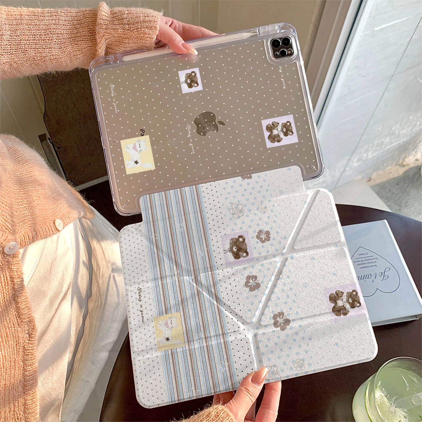 Cute Blue Bear Polka Dot Tablet Case For iPad Pro 11 12.9 13 A16 M2 M4 M3 M5 Shell 10.2 5/6/7/8/9/10/11th Mini Air 3 4 5 6 Cover