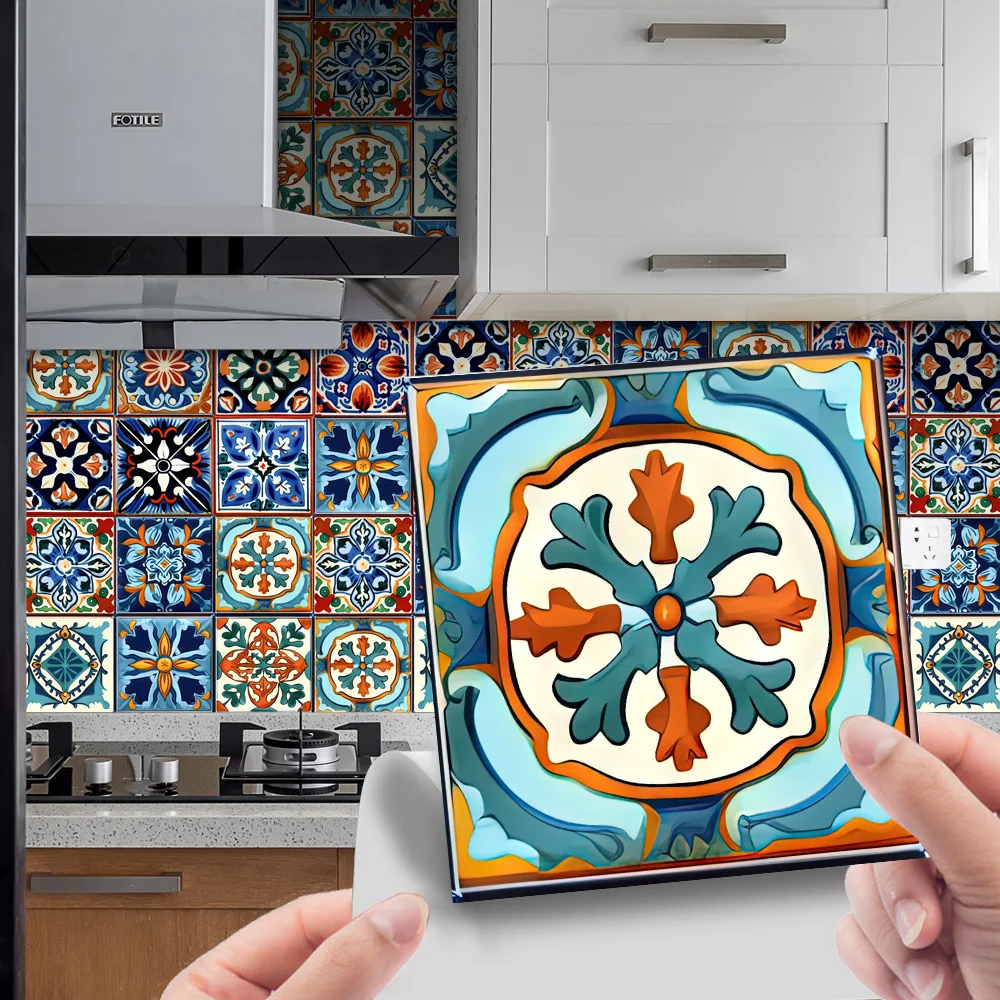 20x20cm 24-Sheet Shiny Moroccan Style Tile Sticker Self-Adhesive Wallpaper for Living Room Bedroom Peel &Stick Decor Retro Style