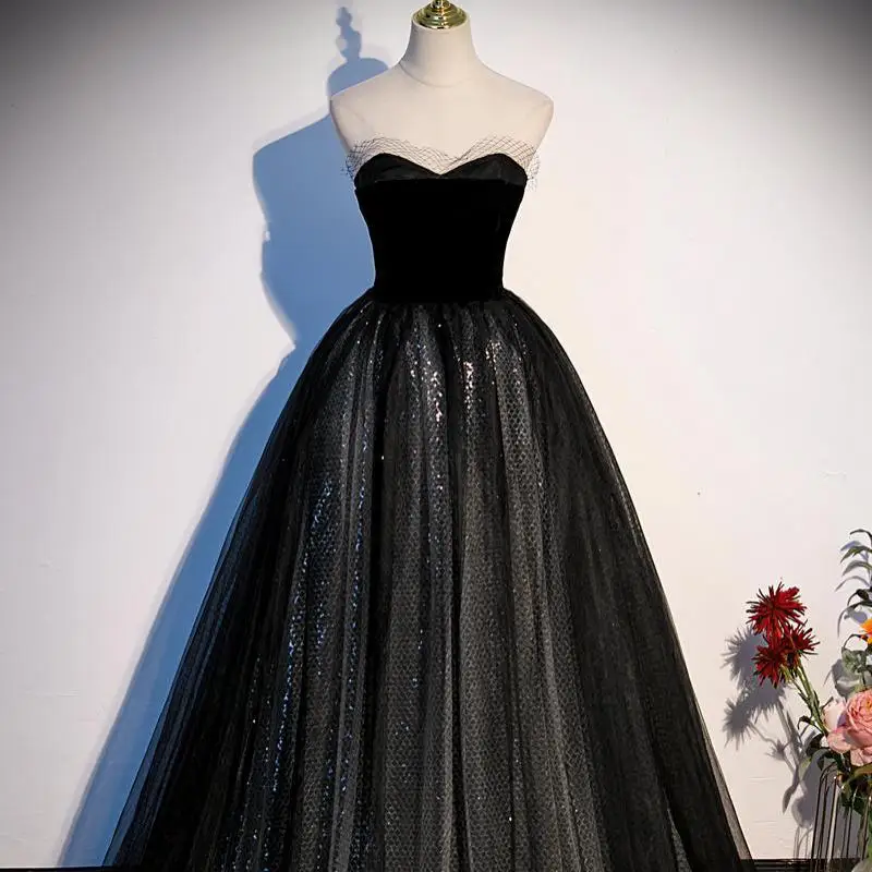 Classical Black Quinceanera Dresses Sexy Strapless Vestido De Debutante Elegant Simple Floor-length Tulle Ball Gown Customized